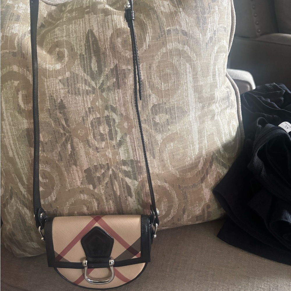 Burberry Beige Check Mini Crossbody with Black Trim and Maroon Accent